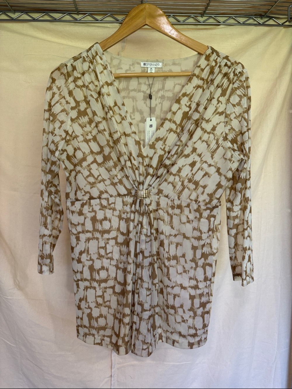 SPANNER Cream and Brown Printed V-Neck Gathered Front Blouse (Sheer)